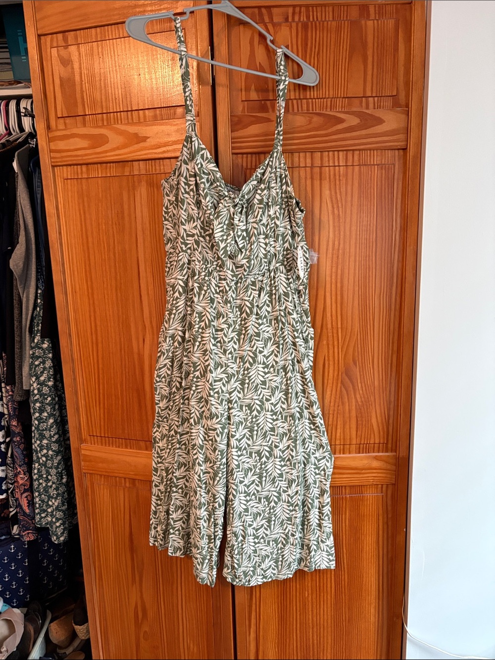 Women’s Green Leaf-Print Romper with Tie Front